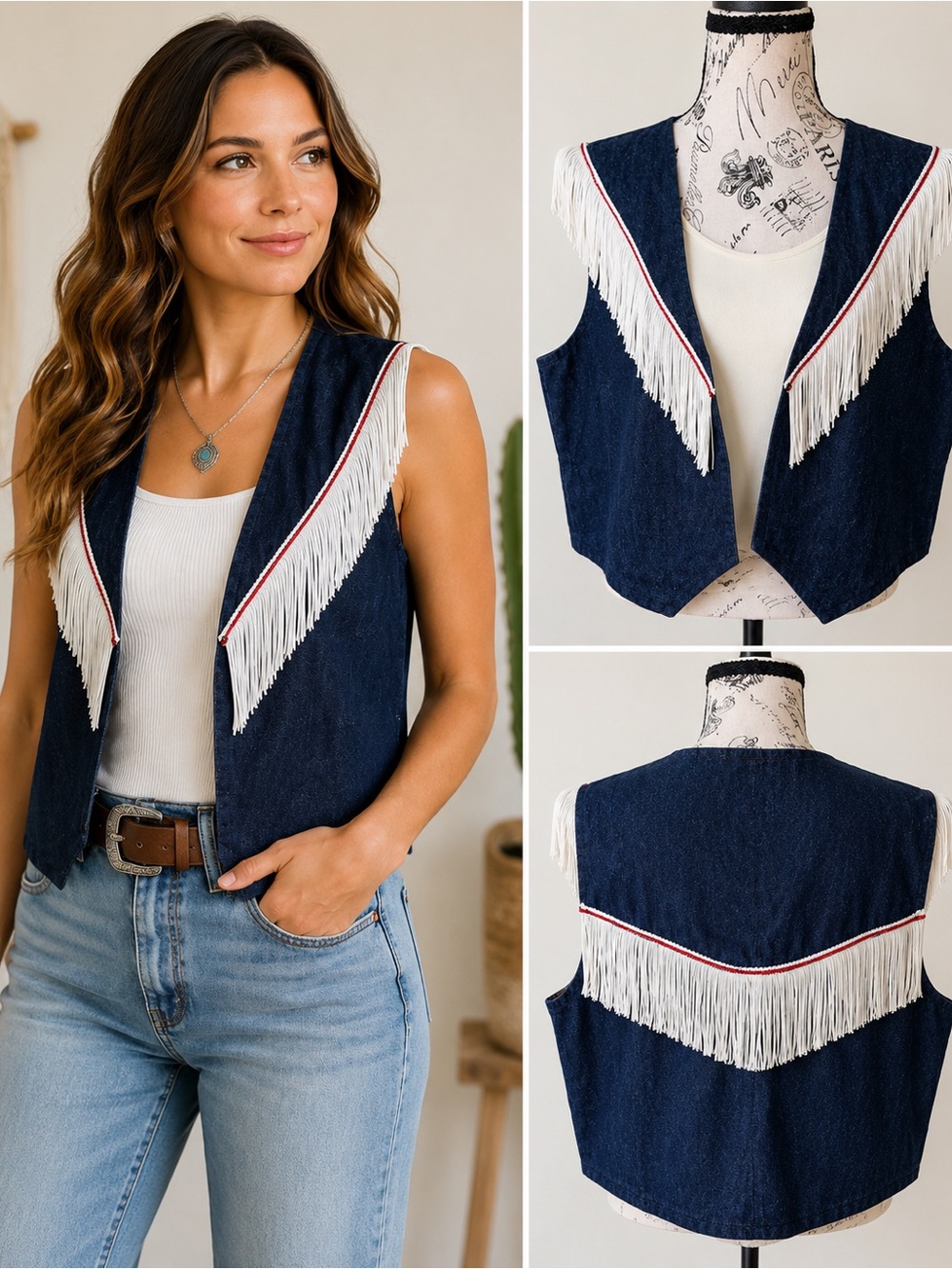 Western Denim Fringe Vest with White Trim Cowgirl Rodeo Style.